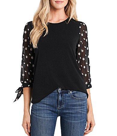 CeCe Floral Embroidered 34 Tie Sleeve Crew Neck Knit Top Product Image