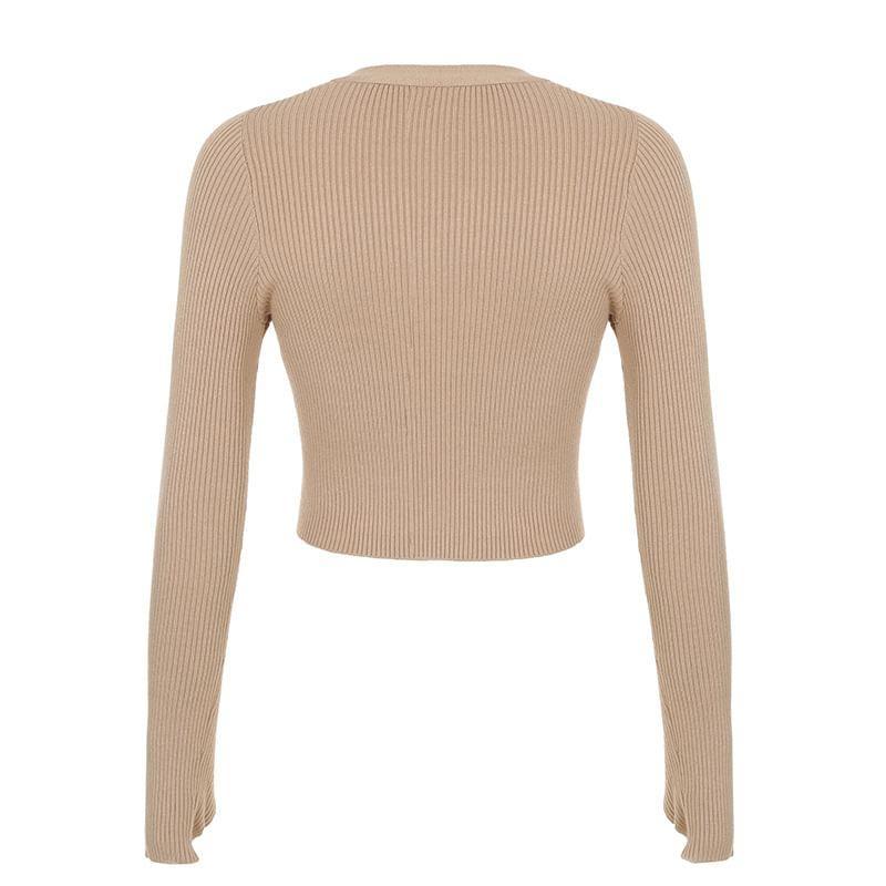 Long-Sleeve V-Neck Plain Ribbed Button Crop Knit Top Product Image