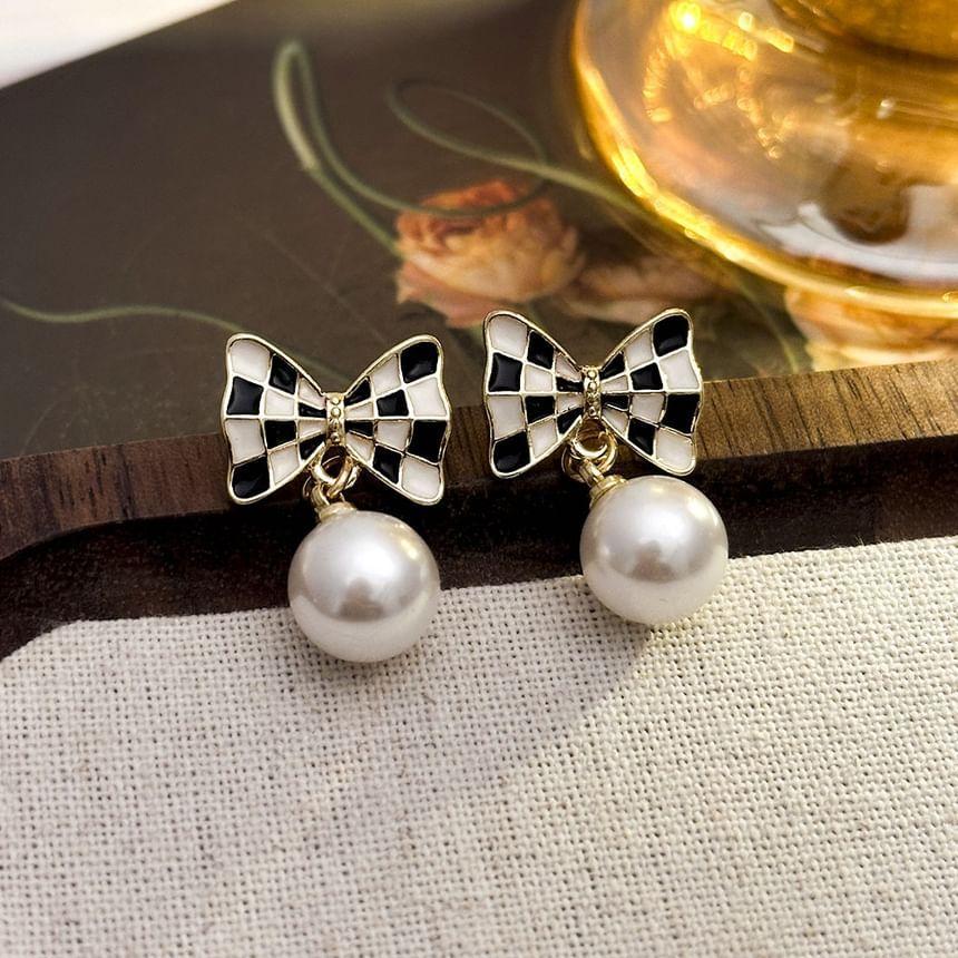 Plaid Bowknot Ball Drop Earring Product Image