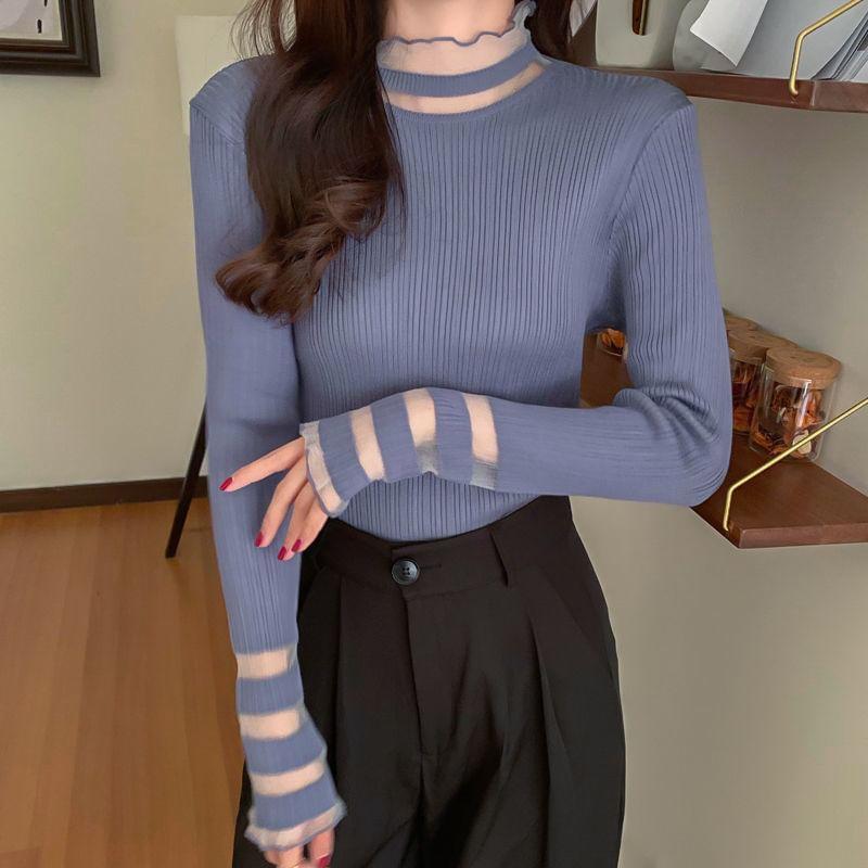 Long-Sleeve Mock Neck Plain Mesh Panel Ribbed Knit Top Product Image