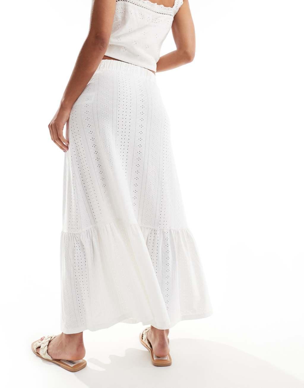 JDY tiered pointelle maxi skirt in off white Product Image