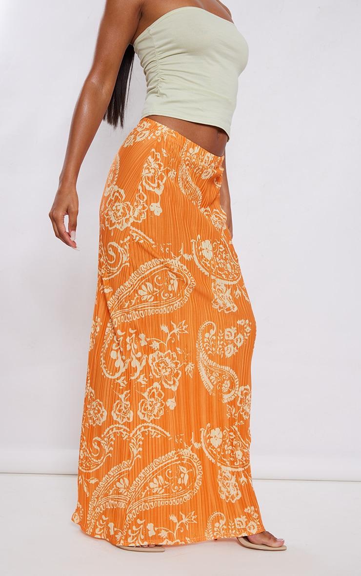 Orange Blurred Floral Printed Plisse Maxi Skirt Product Image