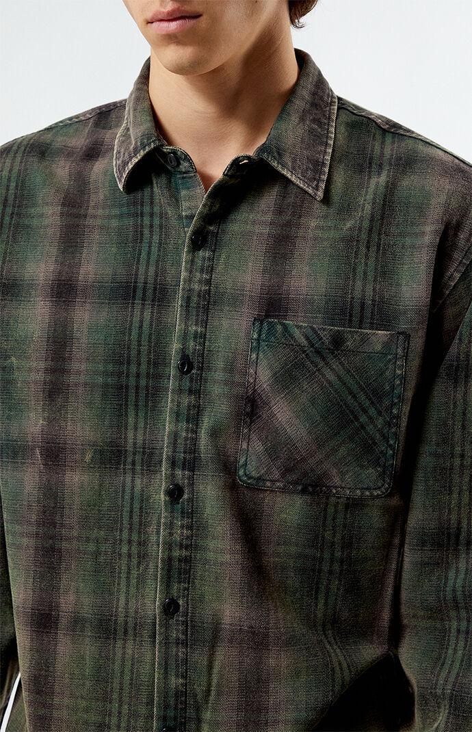 Men's Black & Green Washed Cropped Flannel Shirt in Black/Green - Product Image