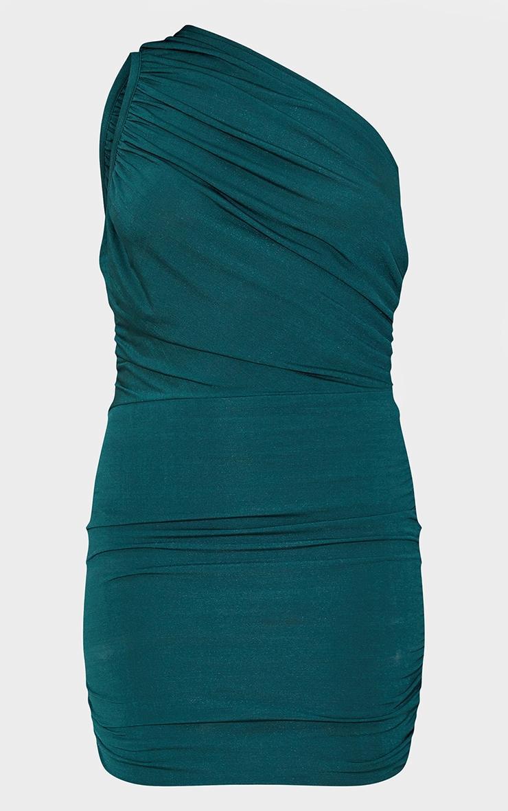 Petite Emerald Green Slinky Ruched One Shoulder Longline Midi Dress Product Image