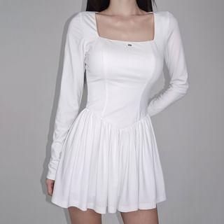 Long Sleeve Square-Plain Plain Slim-Fit Mini A-Line Dress Product Image