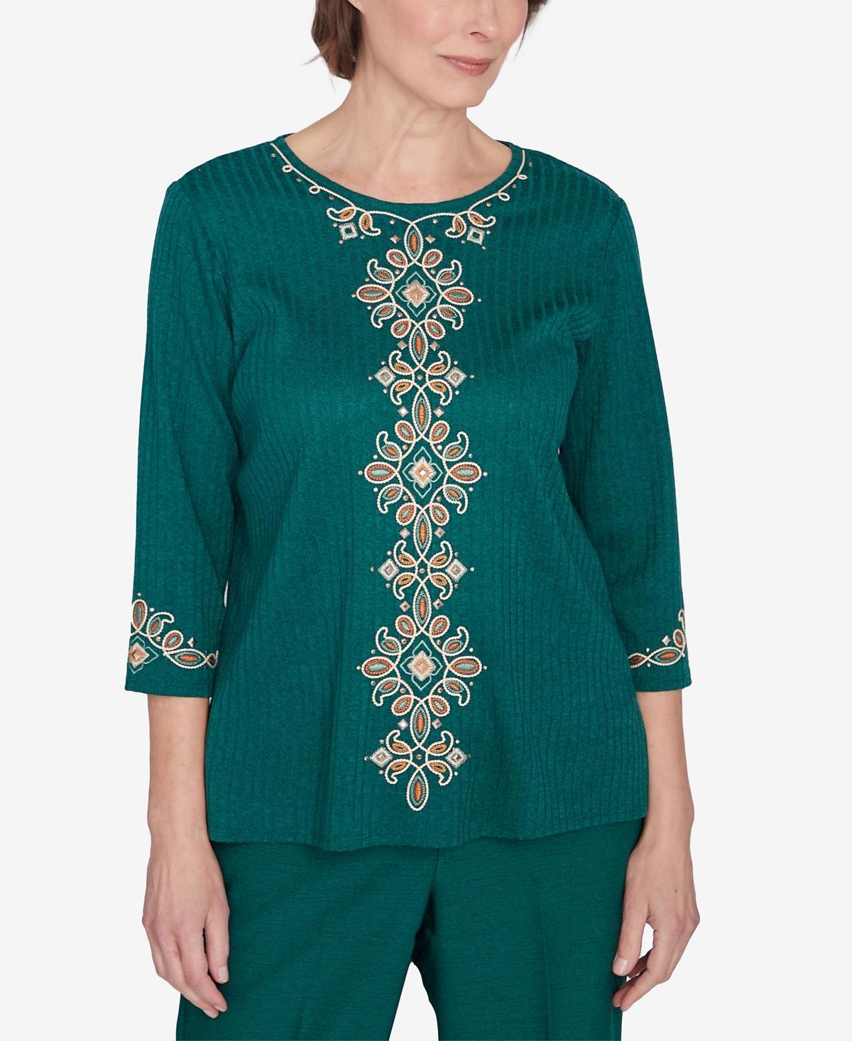 Petite Alfred Dunner Embroidered Three Quarter Sleeve Top, Womens Green Product Image