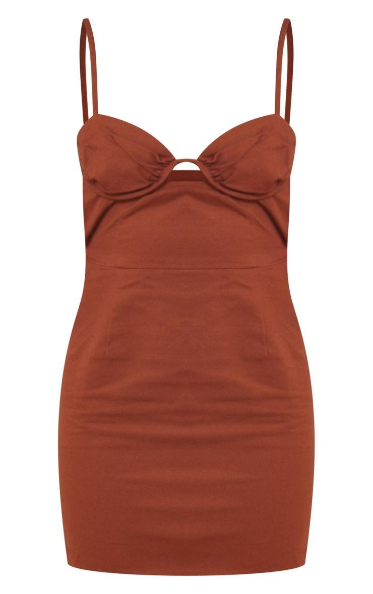 Brown Twill Ruched Cup Cut Out Bodycon Dress Product Image