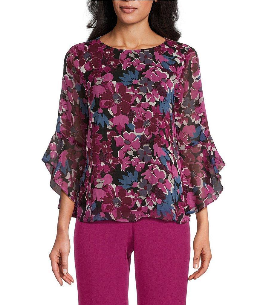 Kasper Floral Crew Neck 3/4 Ruffle Sleeve Blouse Product Image