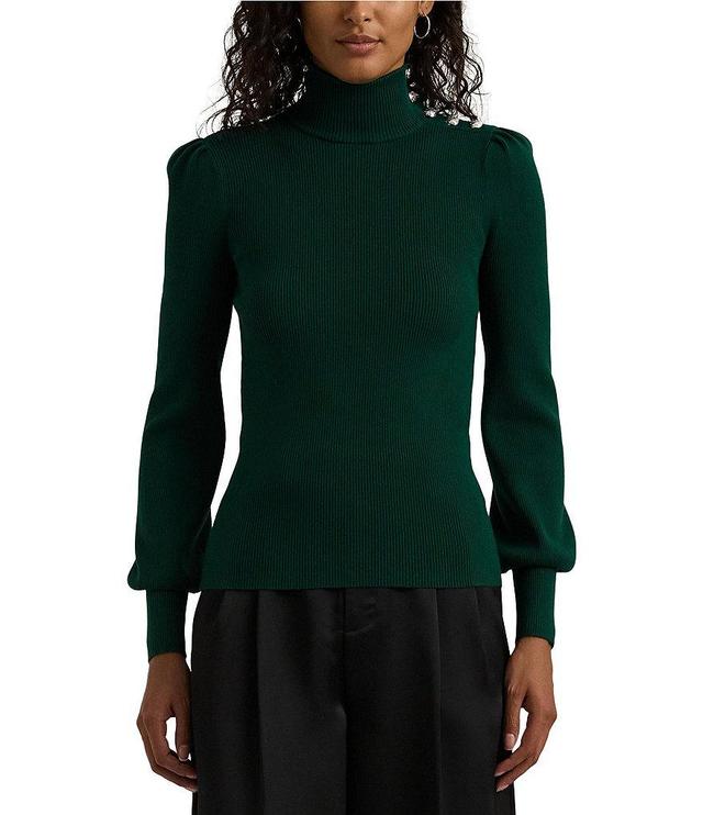 Lauren Ralph Lauren Button Trim Mock Neck Long Puffed Sleeve Sweater Product Image