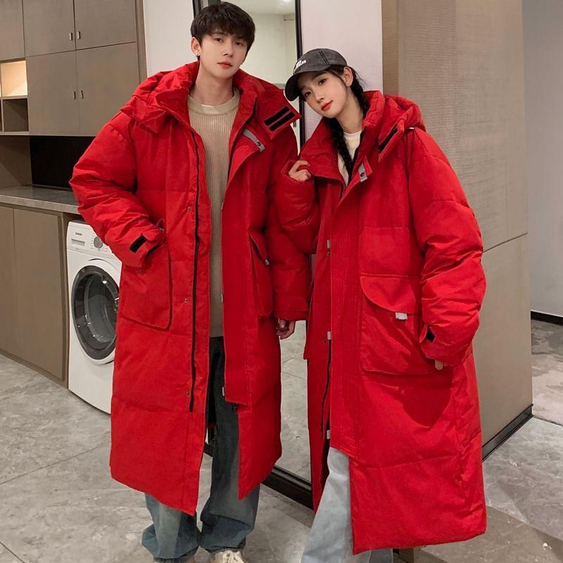 Couple Matching Stand Collar Plain Hood Midi Zip Puffer Coat Product Image