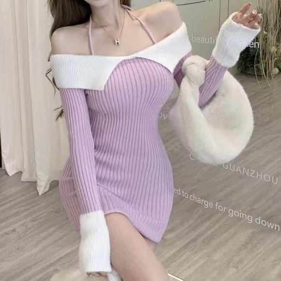 Long-Sleeve Halter Neck Knit Mini Bodycon Dress Product Image