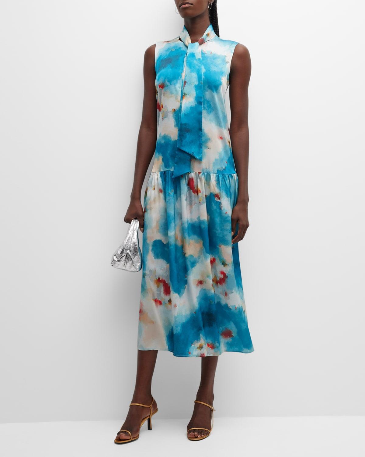 Watercolor-Print Tie-Neck Crepe Midi Dress Product Image