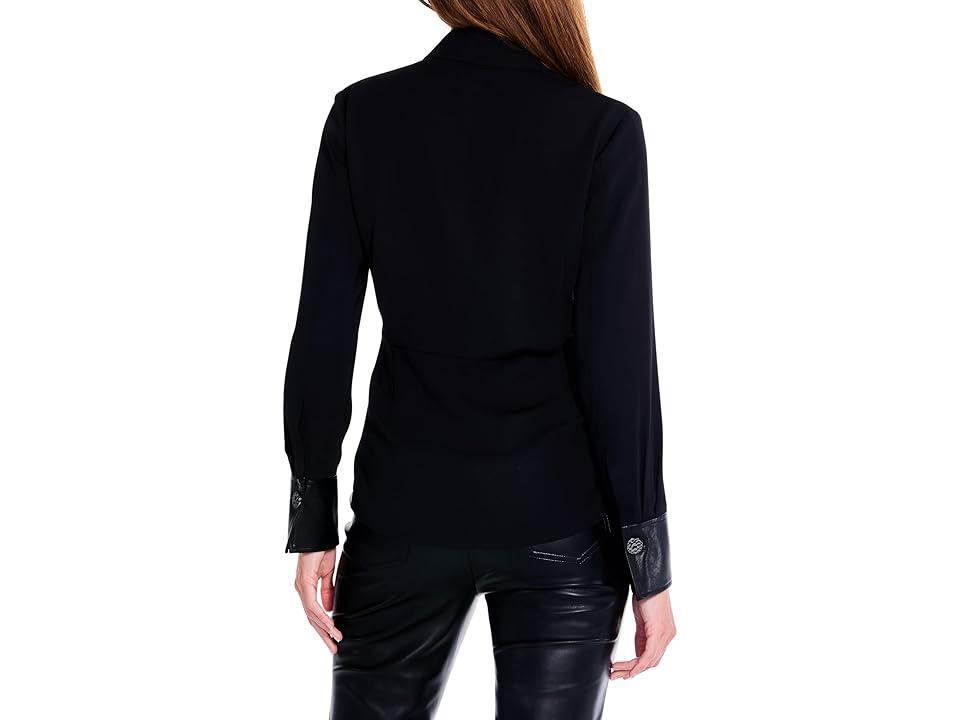 NIC+ZOE Trimmed Up Faux Leather Cuff Button-Up Shirt Product Image