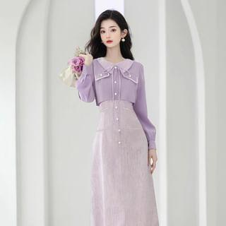 Long-Sleeve Collar Bow Midi A-Line Dress Product Image