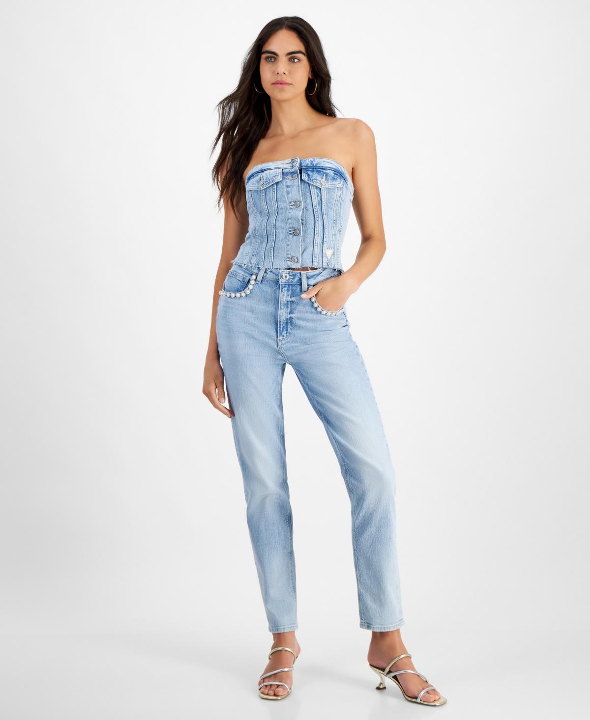 Guess Womens High Rise Embellished Mom Jeans Product Image