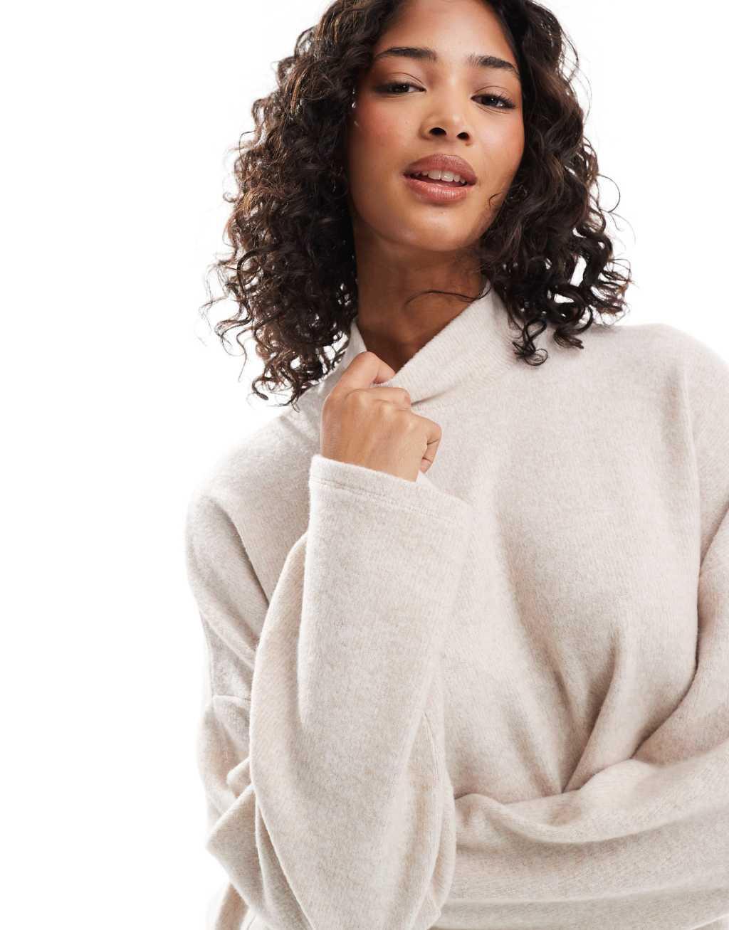 ASOS DESIGN slouchy high neck supersoft top in oatmeal - part of a set Product Image