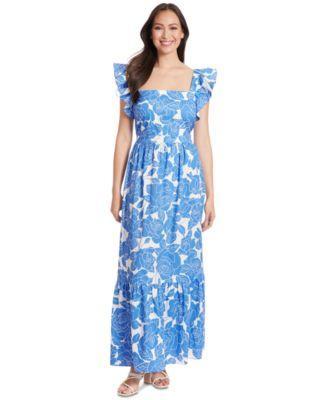 Petite Cotton Floral Ruffle-Sleeve Maxi Dress Product Image