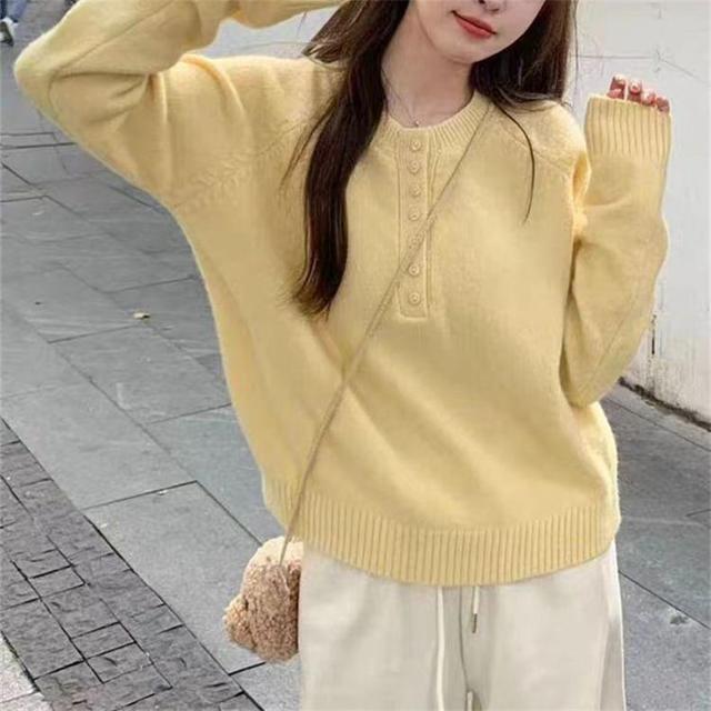 Crew Neck Henley Plain Oversized Sweater Product Image