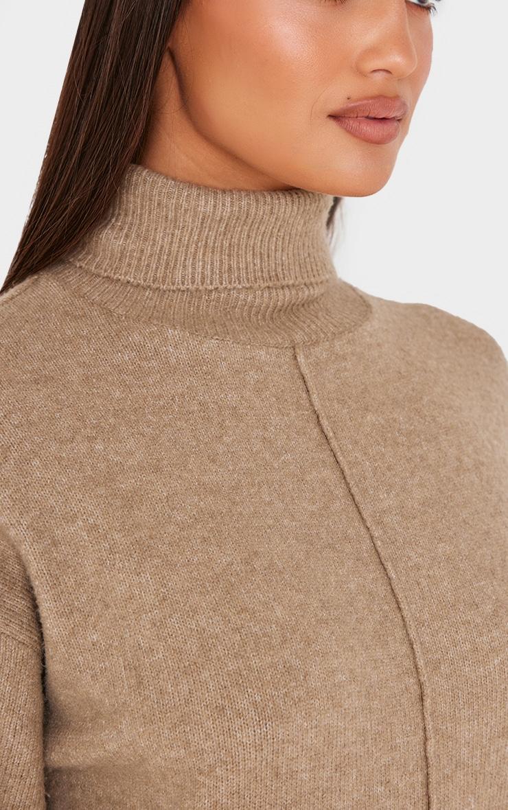 Light Mocha Soft Knit Roll Neck Oversized Seam Detail Sweater Dress Product Image