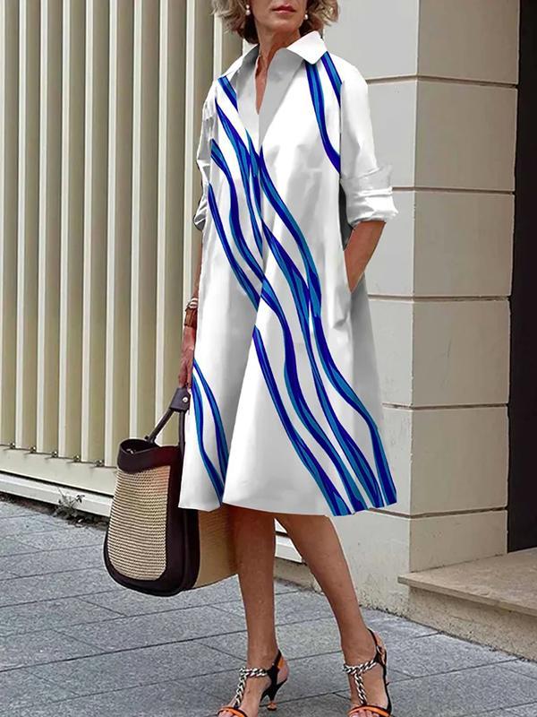 Loose Three-Quarter Sleeves Buttoned Striped Lapel Collar Midi Dresses Product Image