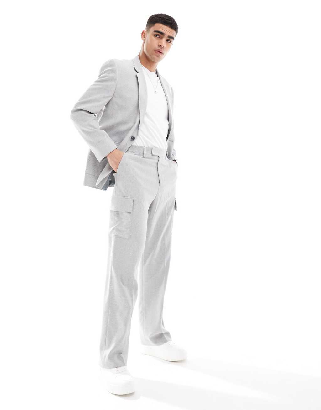 ASOS DESIGN wide cargo microtexture suit pants in gray Product Image