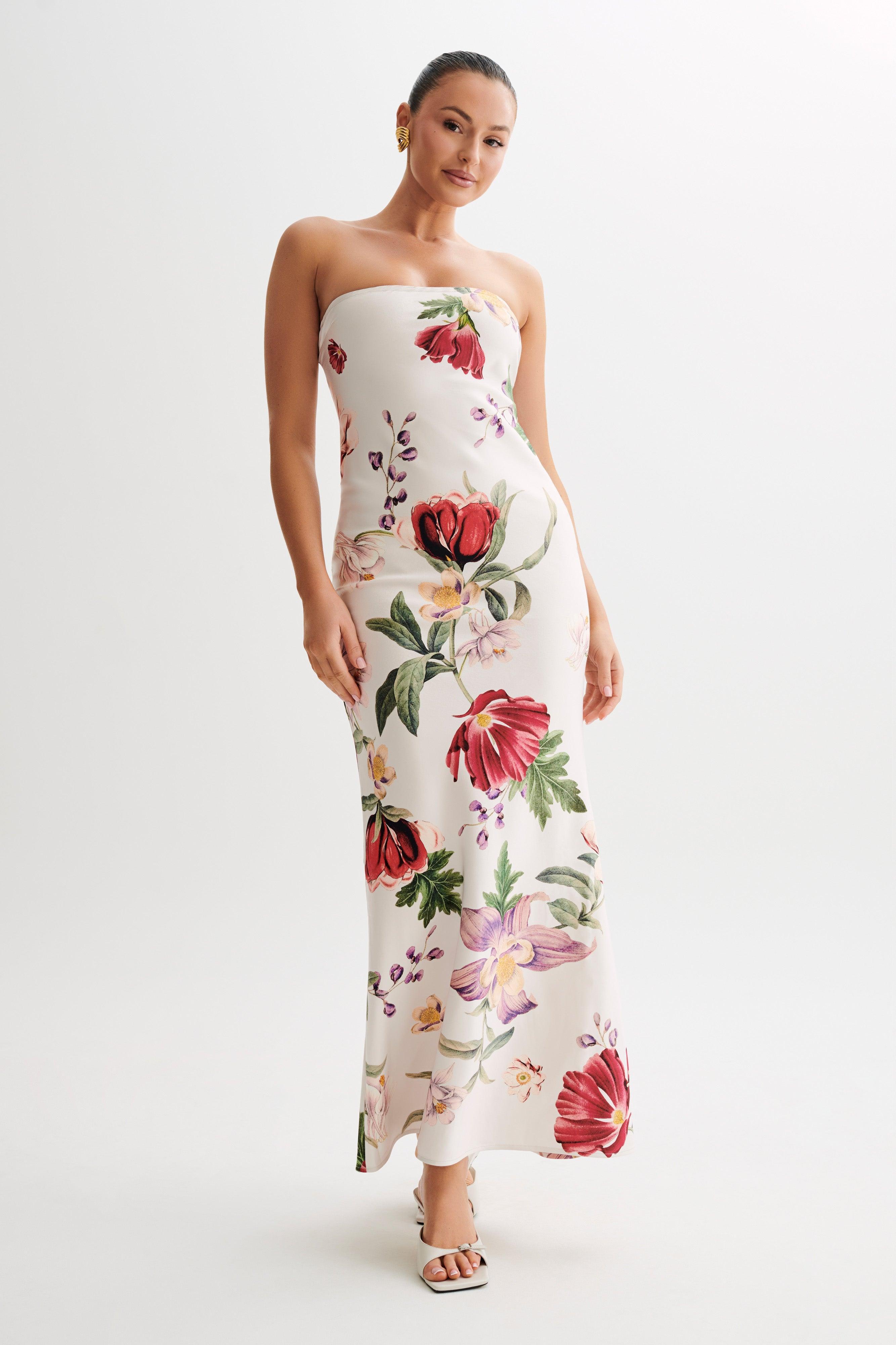 Claudette Strapless Satin Maxi Dress - Bella Rosa Print Product Image