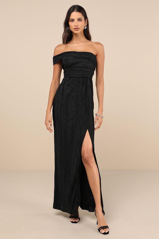 Poised Performance Black Plisse One-Shoulder Shoulder Maxi Dress Product Image