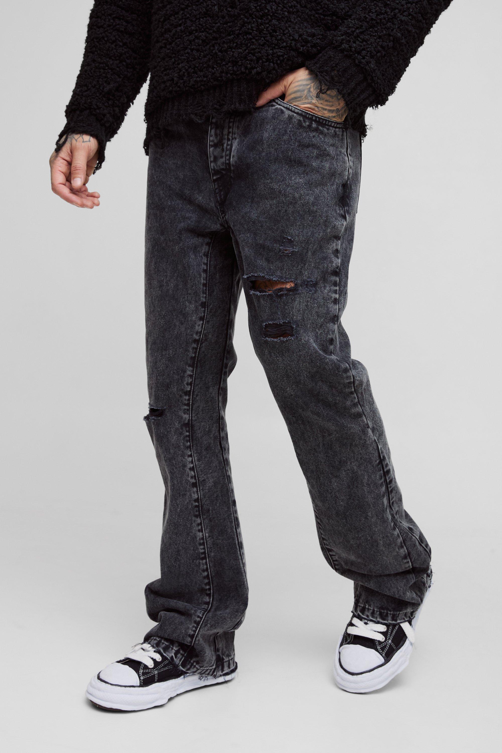 Tall Slim Rigid Flare Distressed Gusset Panel Acid Washed Jeans | boohooMAN USA product image