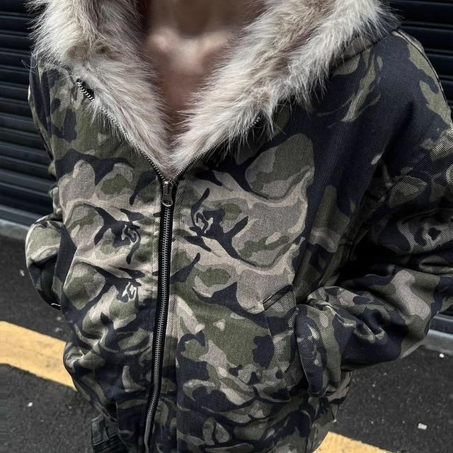 Camo Print Fluffy Trim Zip Hoodie Product Image