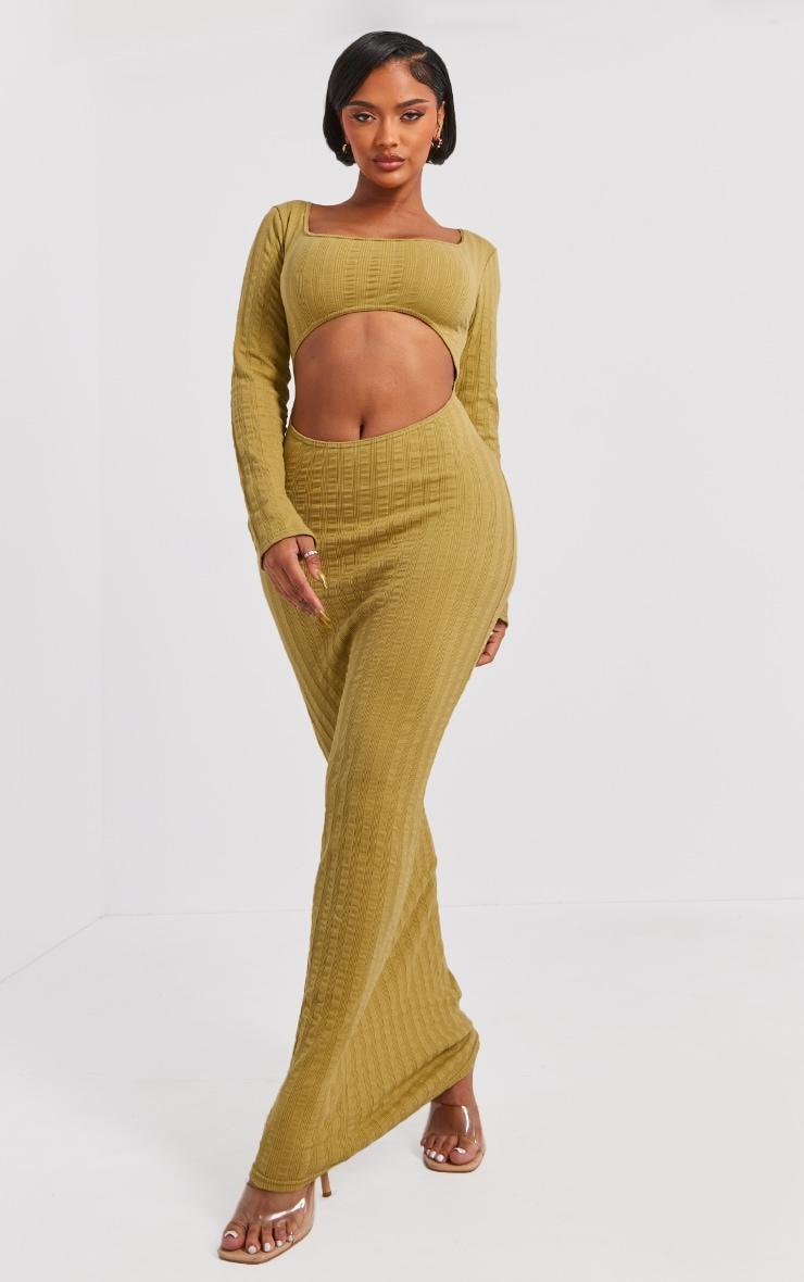 Shape Olive Textured Rib Cut Out Front Maxi Dress Product Image