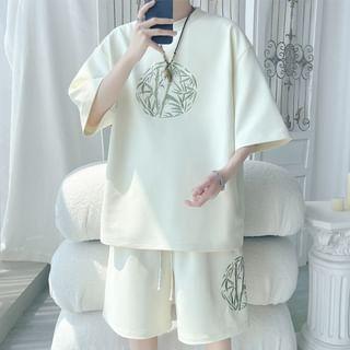 Set: Short-Sleeve Crew Neck Bamboo Embroidered T-Shirt + Drawstring Waist Sweat Shorts Product Image