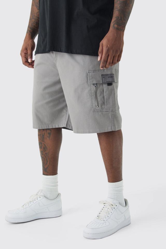 Plus Fixed Waist Twill Relaxed Cargo Zip Detail Tab Short | boohooMAN USA Product Image