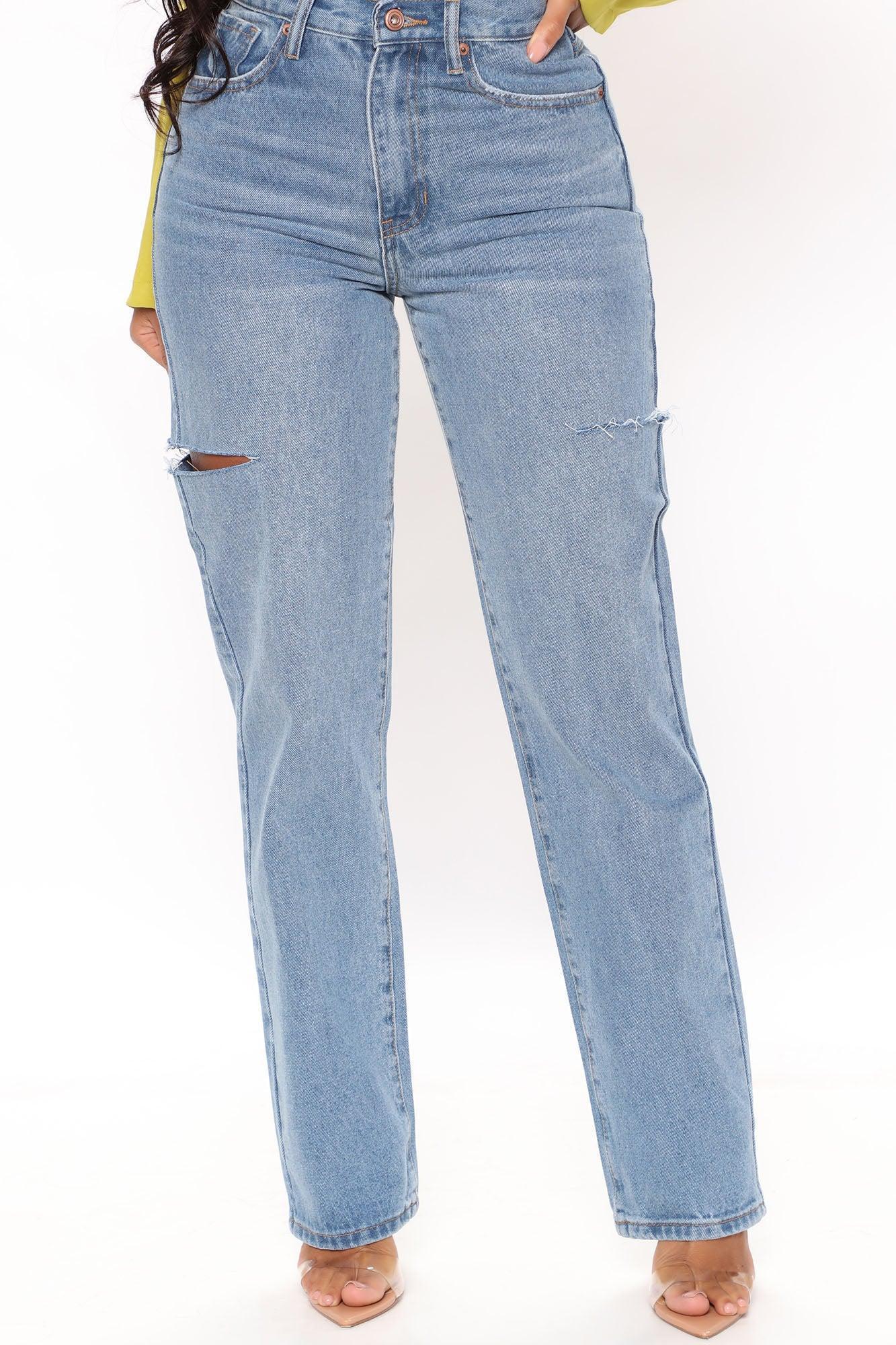 Thigh Slit High Waist Straight Leg Jeans - Light Blue Wash Product Image