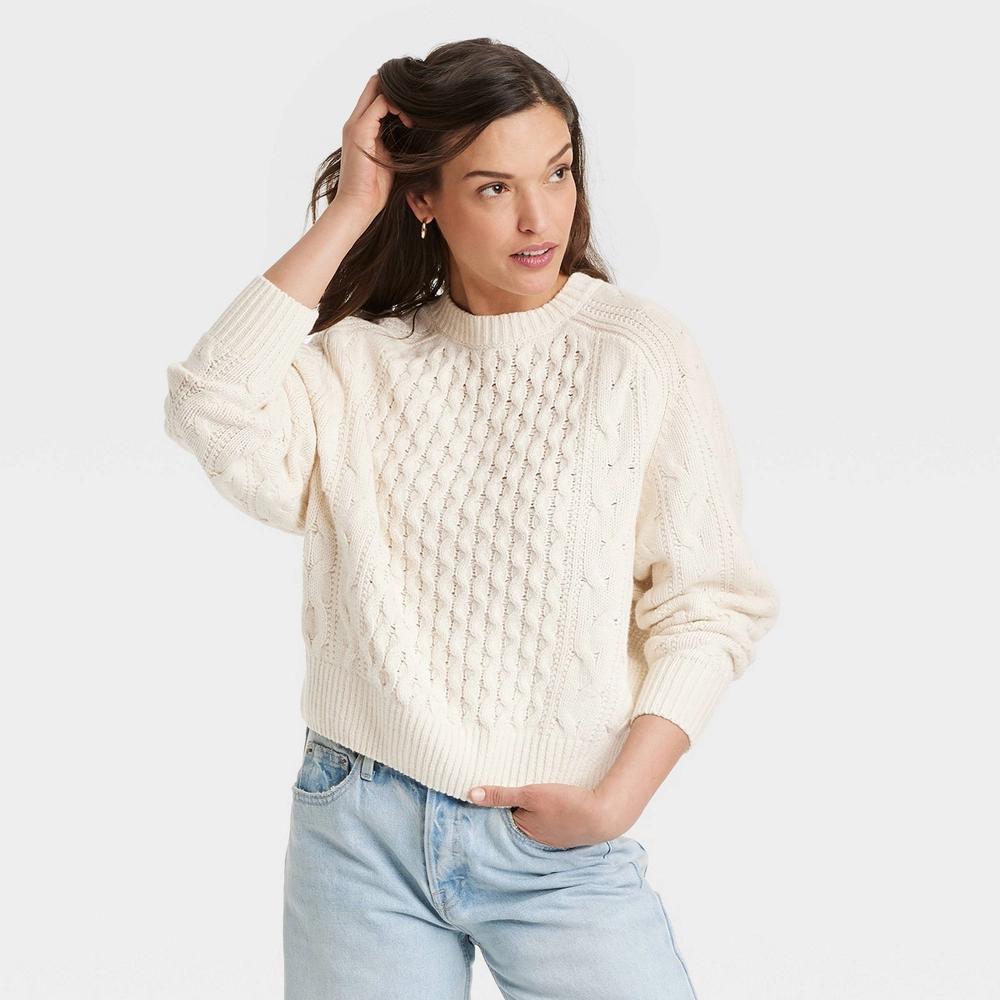 Womens Crewneck Cable Knit Pullover Sweater - Universal Thread Cream L Product Image