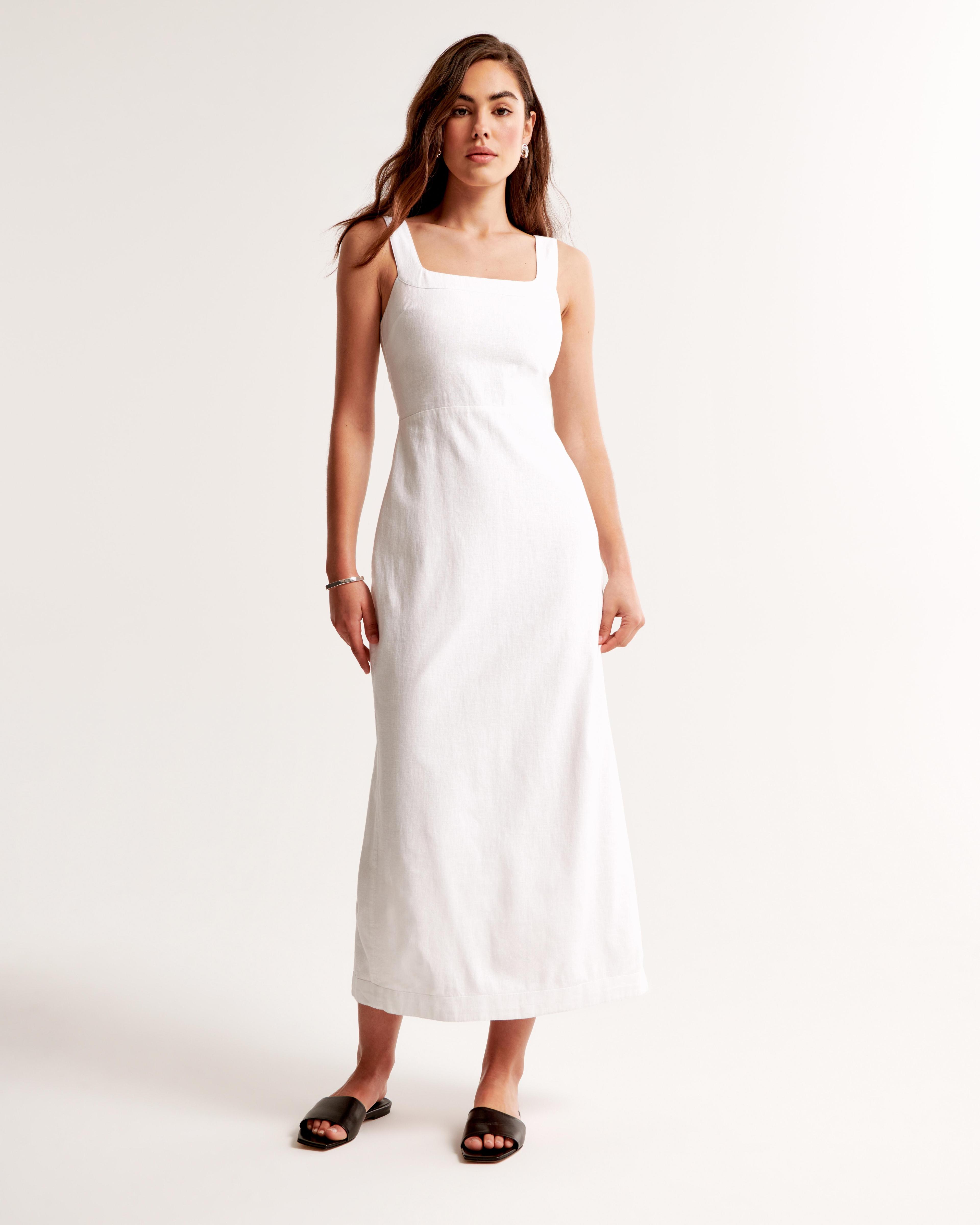 Linen-Blend Squareneck Column Midi Dress Product Image