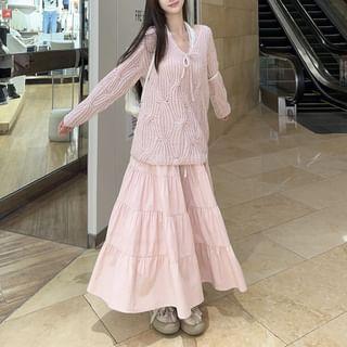 V-Neck Plain Bow Sweater / Elastic Waist Tiered Maxi A-Line Skirt / Halter Plain Bow Lace Top Product Image