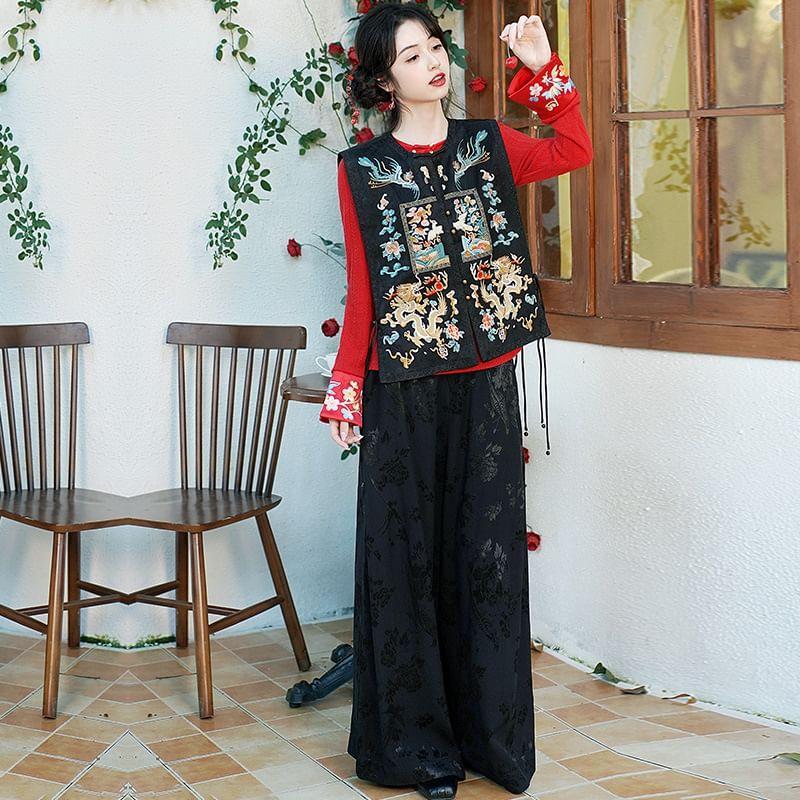 Long-Sleeve Floral Embroidered Faux Pearl Top / High Rise Floral Jacquard Wide Leg Pants / Vest Product Image