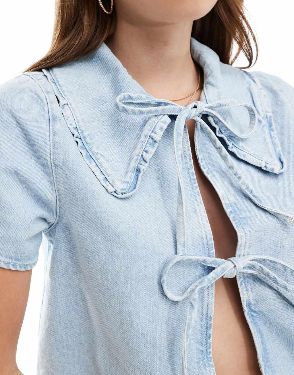 ASOS DESIGN denim collar top in mid blue Product Image