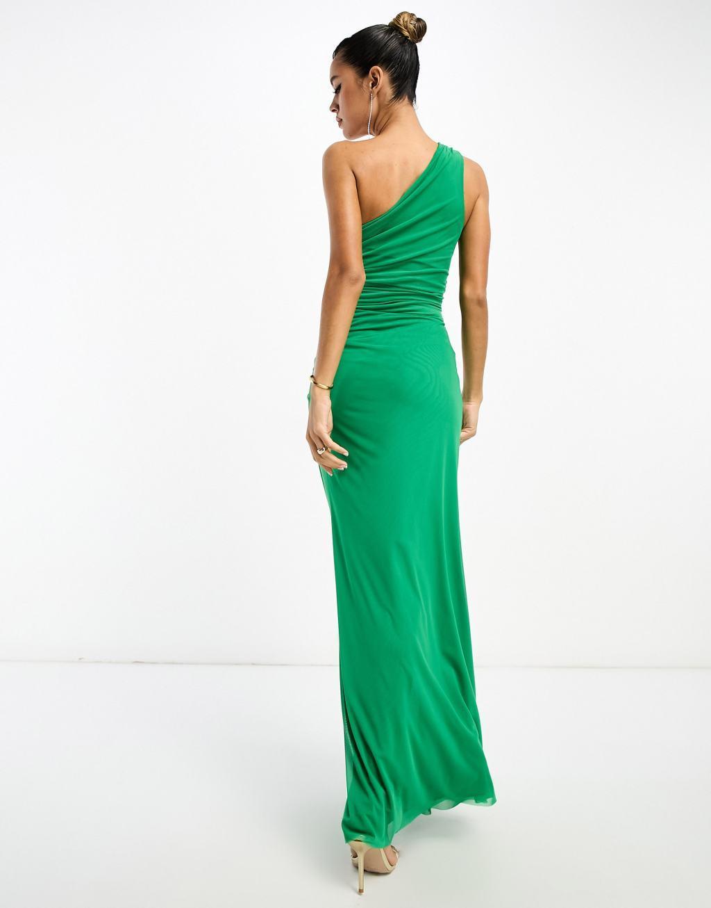 ASOS DESIGN one shoulder ruched mesh cut out detail maxi dress in dark green Product Image