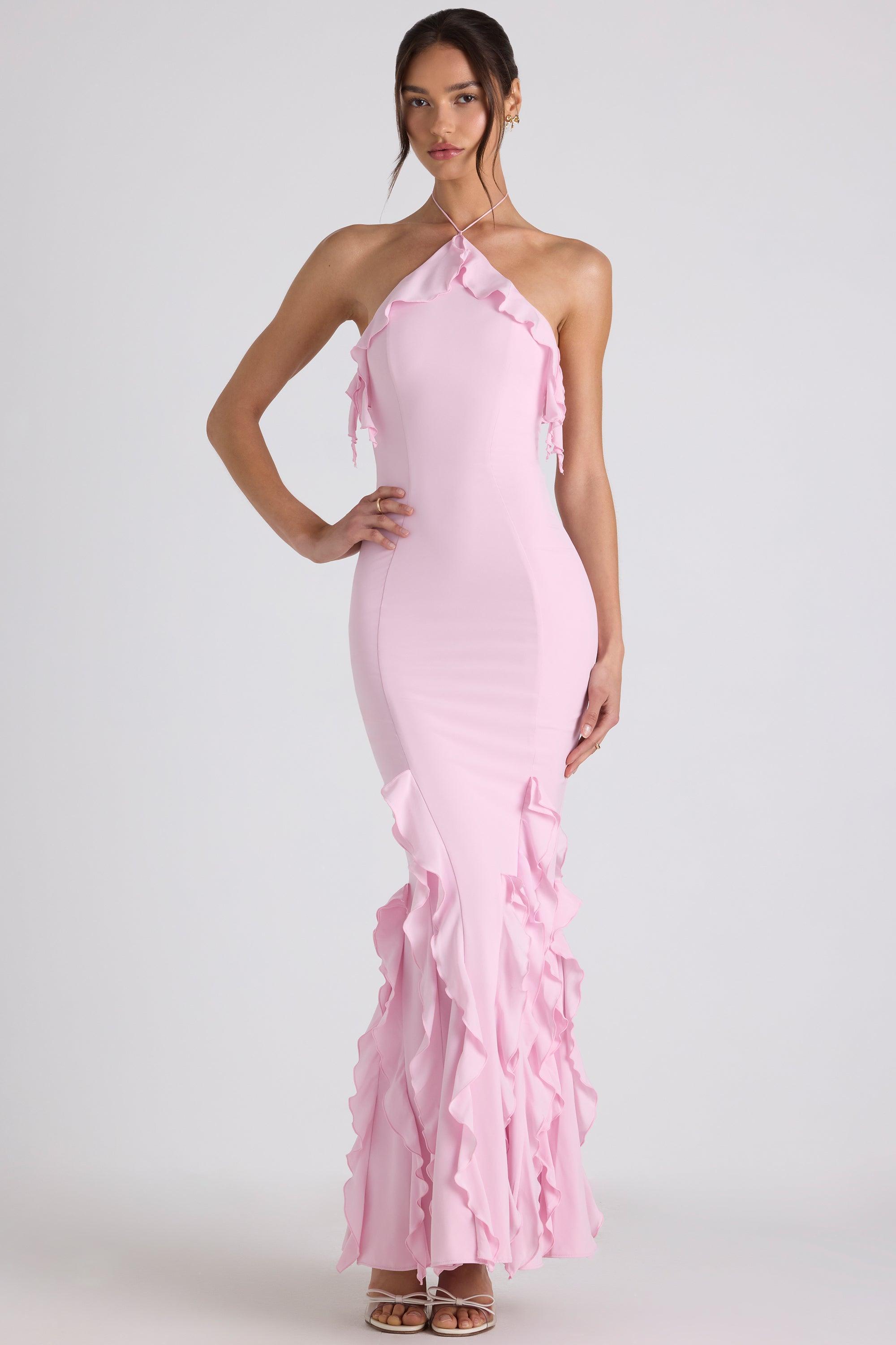 Ruffle-Trim Halterneck Gown in Soft Pink Product Image