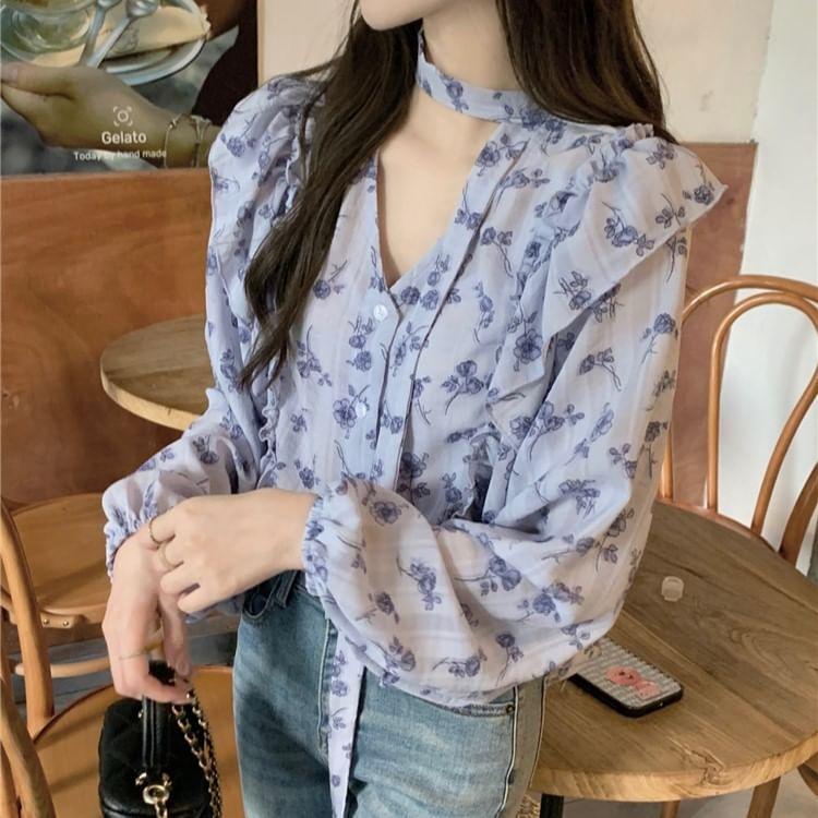 Long-Sleeve Ruffle Floral Print Blouse Product Image