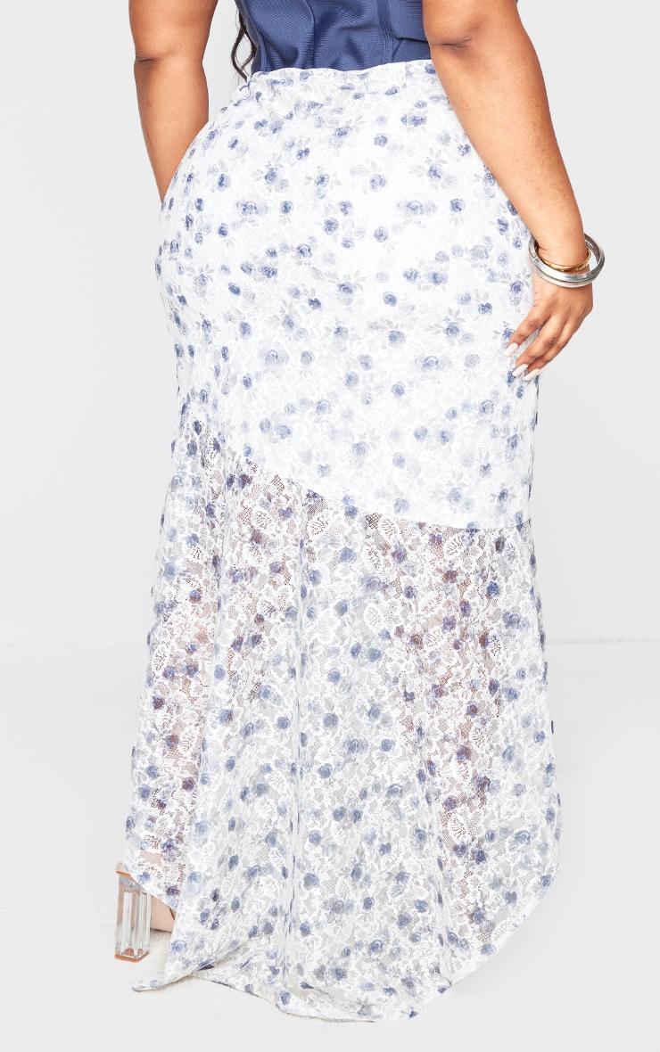 Plus Dusty Blue Floral Printed Lace Frill Hem Maxi Skirt Product Image