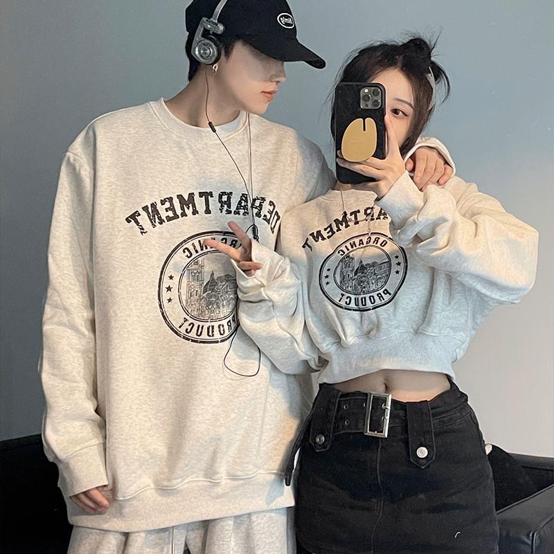 Couple Matching Round Neck Lettering Sweatshirt / High Waist Plain Mini A-Line Skirt (Various Designs) Product Image