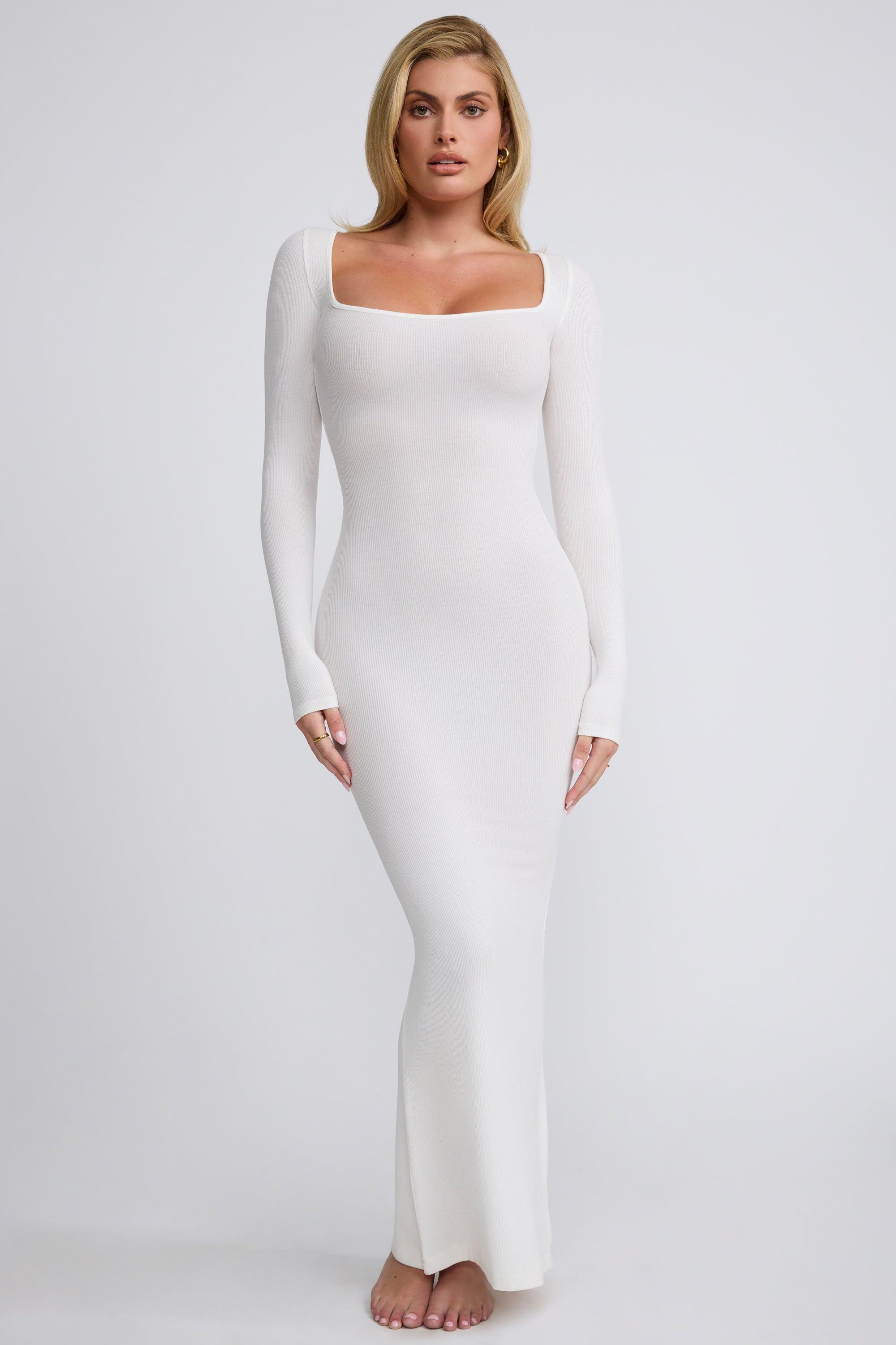 Ribbed Modal Long Sleeve Maxi Dress in White Product Image