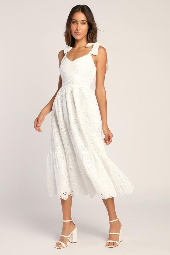 Perfect Vacation White Eyelet Embroidery Tie-Strap Midi Dress Product Image