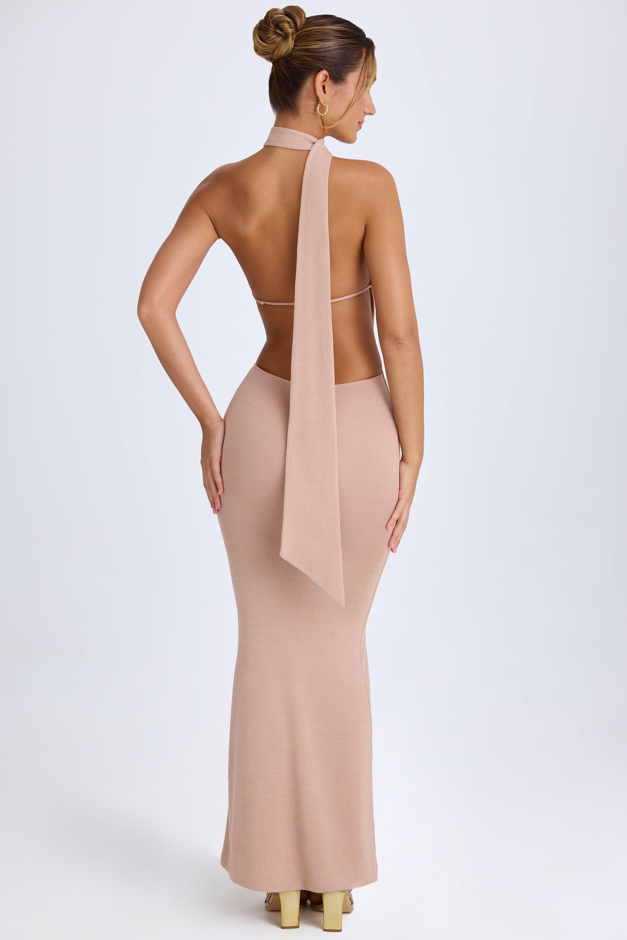 Scarf-Detail Cut-Out Halterneck Maxi Dress in Warm Peach Product Image