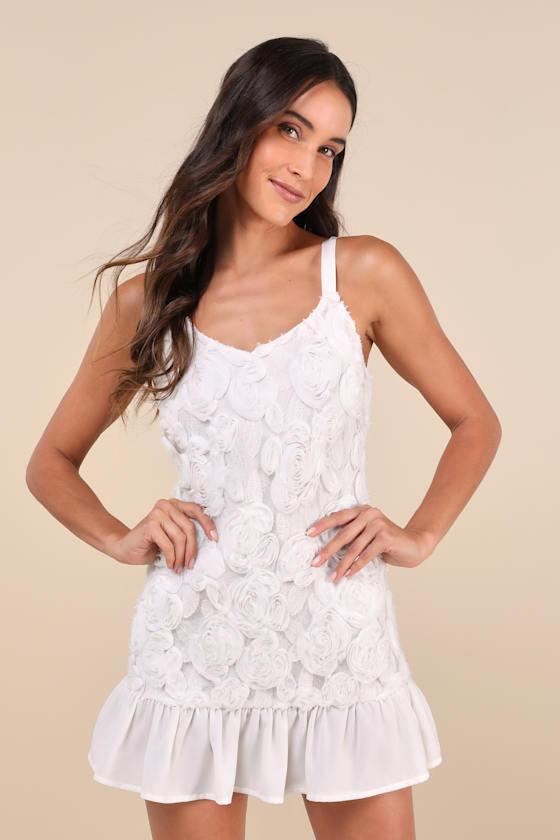 Aesthetic Delight White Rosette Embroidered Shift Mini Dress Product Image