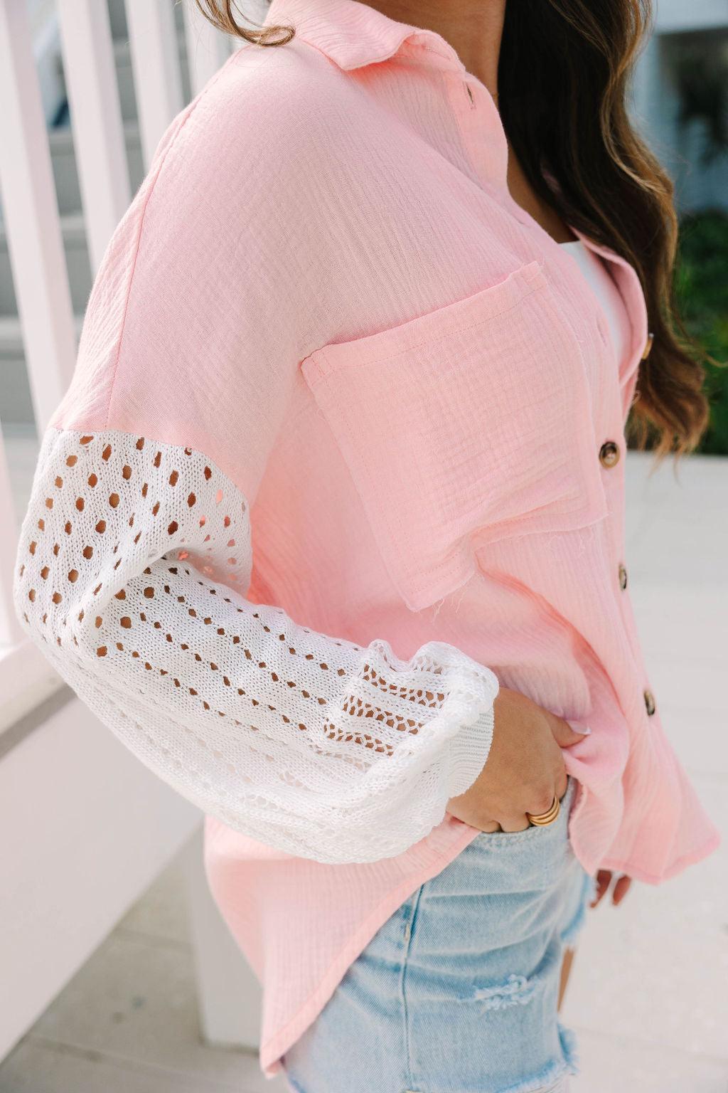 Keep Shining Pink and Cream Color Block Crochet Sleeve Gauze Shacket Product Image