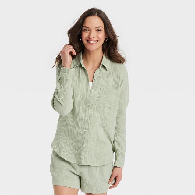 Womens Long Sleeve Gauzy Collared Button-Down Shirt - Universal Thread M Product Image