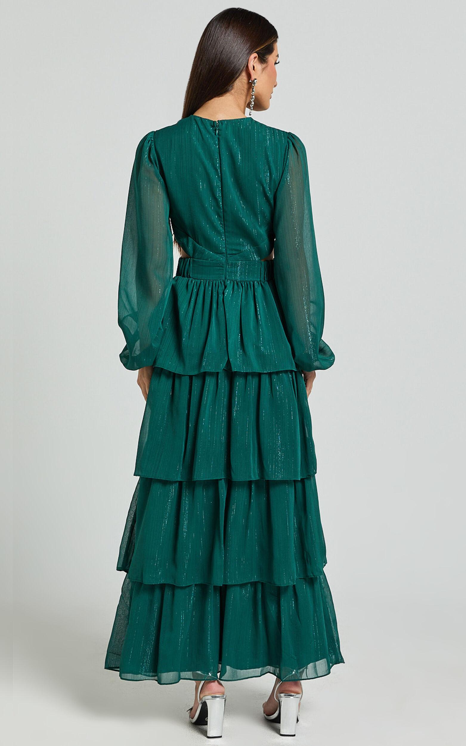 Jacinda Maxi Dress - Cut Out Long Sleeve Thigh Split Tiered Dress in Emerald Product Image